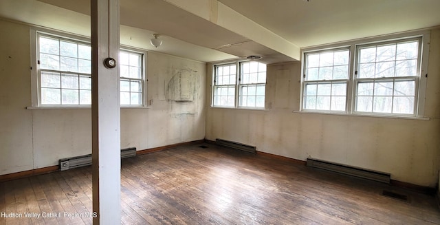 empty room with dark hardwood / wood-style floors and baseboard heating