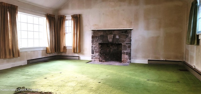 unfurnished living room with a fireplace, carpet flooring, and vaulted ceiling