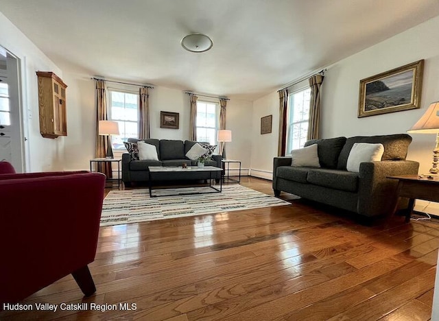 living room with a baseboard radiator and wood-type flooring