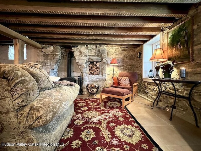 living area with tile patterned flooring
