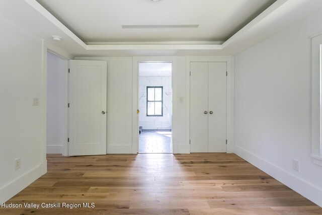 interior space with light hardwood / wood-style floors and a raised ceiling