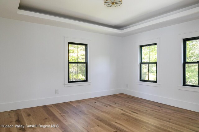 unfurnished room with a tray ceiling and hardwood / wood-style flooring