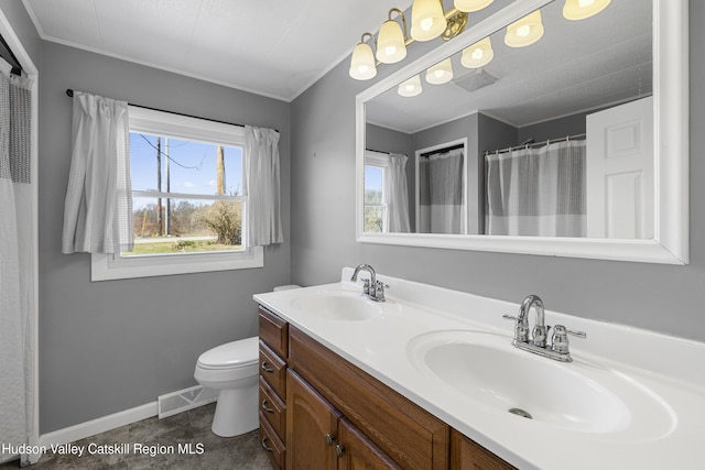 19 Pompeys Cave Rd, High Falls, NY 12440 - full bathroom with double vanity, toilet, baseboards, and crown molding