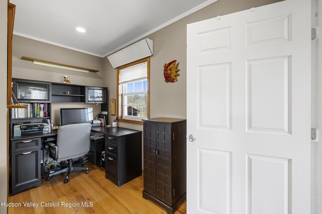 19 Pompeys Cave Rd, High Falls, NY 12440 - office space featuring crown molding, light wood-type flooring, and recessed lighting