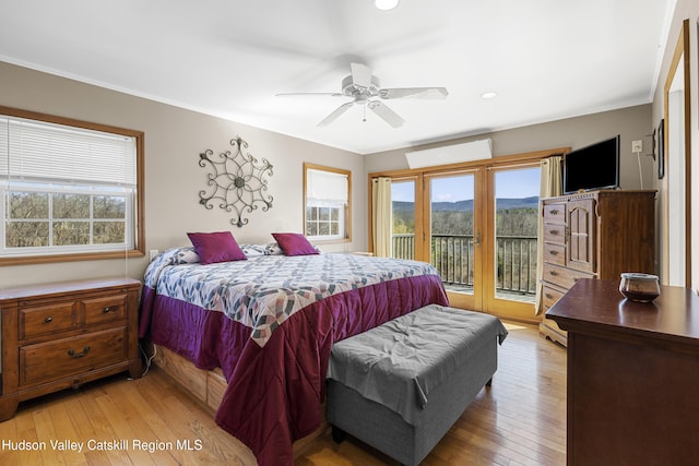 19 Pompeys Cave Rd, High Falls, NY 12440 - bedroom featuring access to exterior, light wood-style floors, recessed lighting, crown molding, and ceiling fan