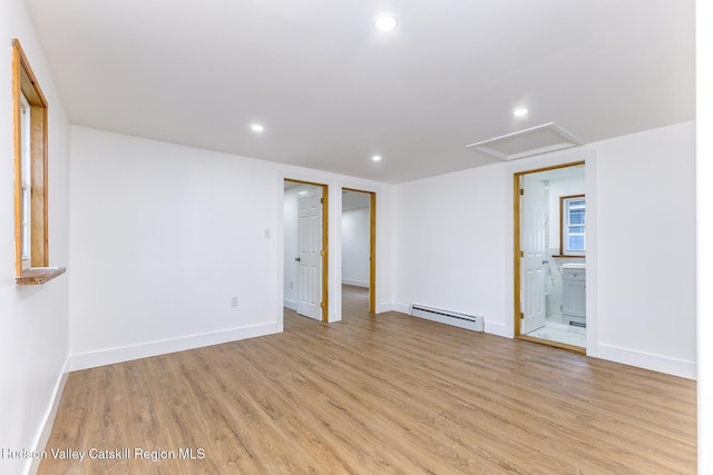 149 2nd St, Connelly, NY 12417 - empty room featuring a baseboard radiator, light wood-style flooring, recessed lighting, and baseboards