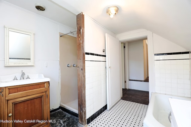 651 Glasco Tpke, Saugerties, NY 12477 - bathroom with walk in shower, vanity, a tub, and tile patterned floors