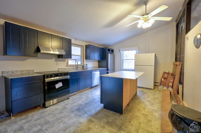 17 Bogardus Ave, Catskill, NY 12414 - kitchen featuring stainless steel appliances, under cabinet range hood, lofted ceiling, a sink, and light countertops