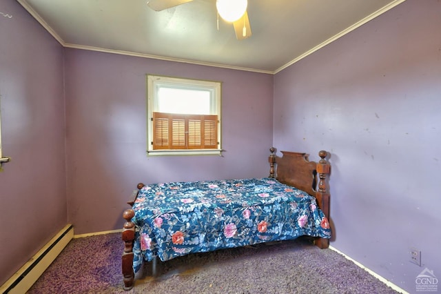 17 Bogardus Ave, Catskill, NY 12414 - bedroom with baseboard heating, carpet floors, ornamental molding, baseboards, and ceiling fan