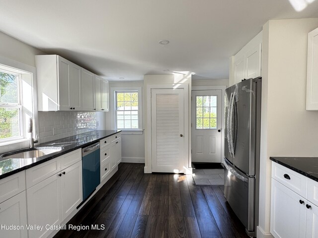 237 Main St, Copake, NY 12521 - kitchen featuring freestanding refrigerator, dishwasher, plenty of natural light, and dark wood-type flooring