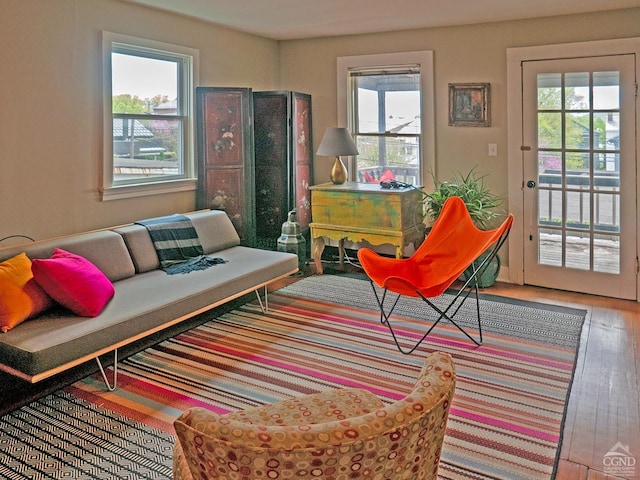 sitting room featuring plenty of natural light and wood finished floors