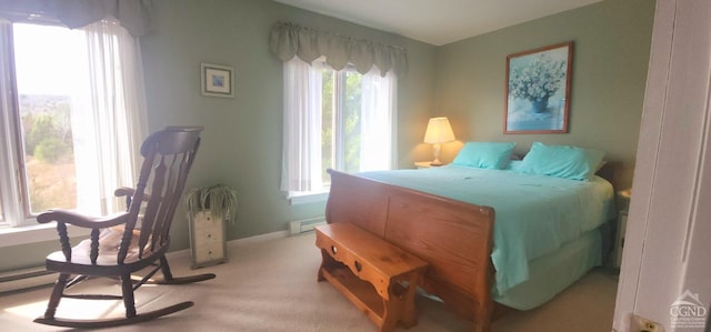 69 Windham Ridge Rd Unit 16F, Windham, NY 12496 - bedroom featuring a baseboard radiator, light colored carpet, and baseboards