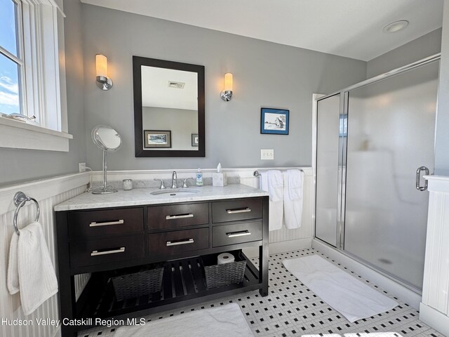 bathroom with a stall shower, vanity, visible vents, and wainscoting