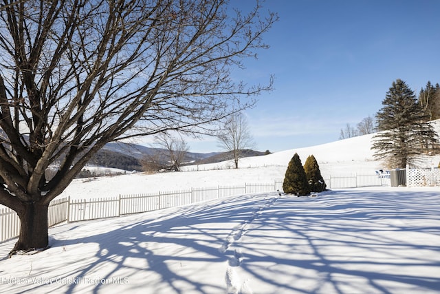 yard layered in snow with a mountain view