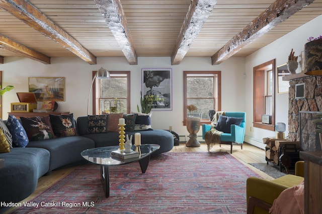 living room with a fireplace, a baseboard radiator, hardwood / wood-style flooring, wood ceiling, and beam ceiling