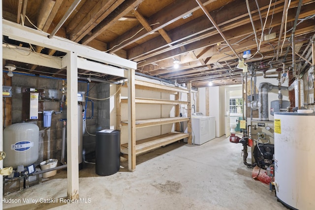 293 Pine Bush Rd, Stone Ridge, NY 12484 - below grade area featuring washer and dryer, gas water heater, and a heating unit