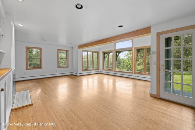 293 Pine Bush Rd, Stone Ridge, NY 12484 - unfurnished living room featuring light wood-style flooring, recessed lighting, and a baseboard radiator