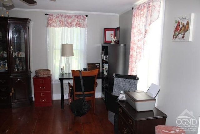 5948 Rte 81, Greenville, NY 12083 - living area with dark wood-style flooring, crown molding, ceiling fan, and an office area
