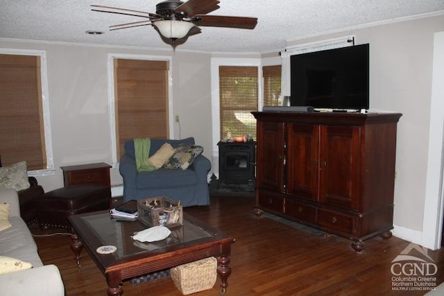 5948 Rte 81, Greenville, NY 12083 - living room featuring ornamental molding, ceiling fan, a textured ceiling, and wood finished floors