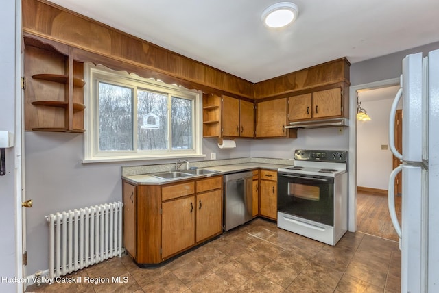 kitchen with range with electric stovetop, open shelves, radiator, freestanding refrigerator, and dishwasher