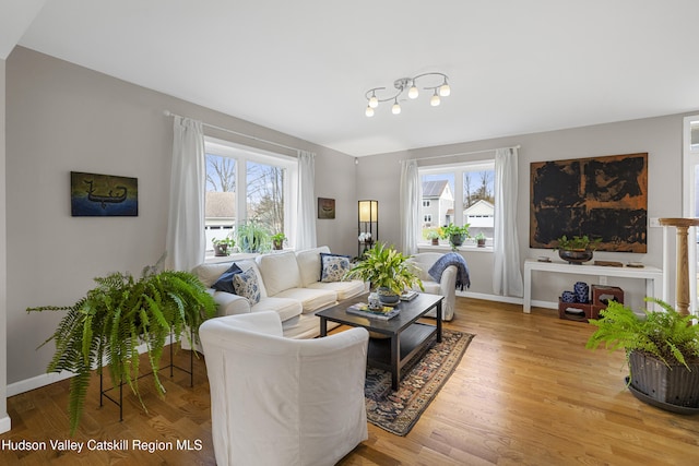 living area featuring baseboards, wood finished floors, and a healthy amount of sunlight