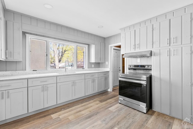 4 Lawrence Ave, Coxsackie, NY 12051 - kitchen with stainless steel electric range, a sink, under cabinet range hood, light wood-type flooring, and light stone countertops