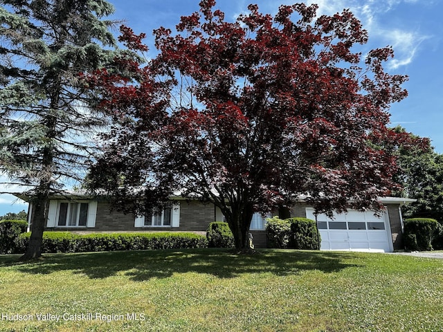 view of property hidden behind natural elements with a garage and a front lawn