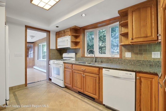 kitchen with baseboard heating, open shelves, a sink, brown cabinets, and white appliances