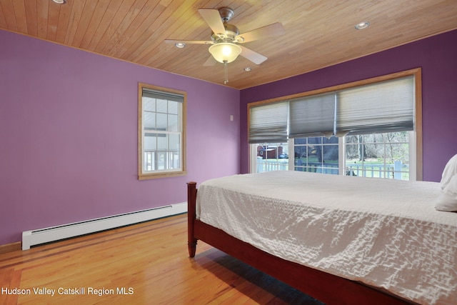 bedroom featuring a baseboard heating unit, wood finished floors, wooden ceiling, and recessed lighting