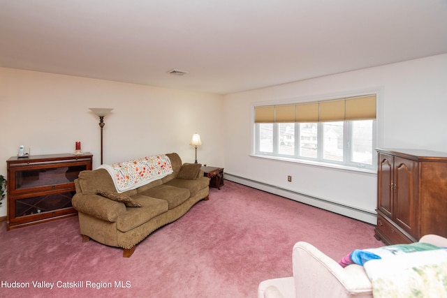 living room featuring carpet flooring and a baseboard heating unit