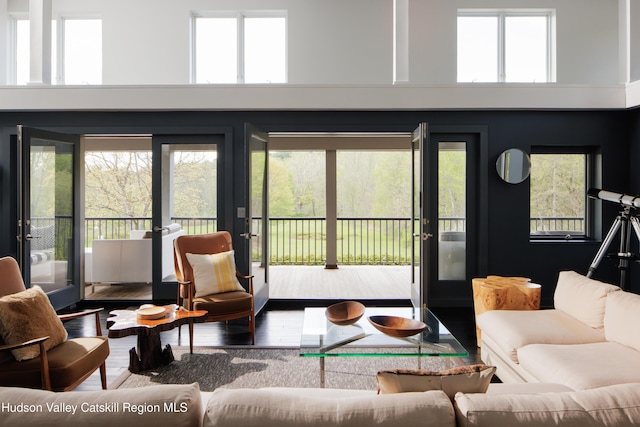 46 Pompeys Cave Rd, High Falls, NY 12440 - living room featuring french doors, hardwood / wood-style flooring, healthy amount of natural light, and a towering ceiling