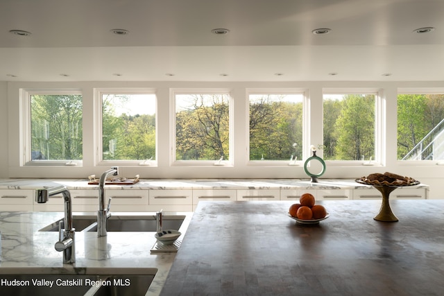 46 Pompeys Cave Rd, High Falls, NY 12440 - kitchen featuring light stone countertops, a sink, white cabinets, and recessed lighting