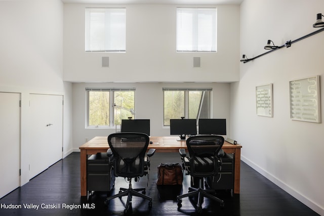 46 Pompeys Cave Rd, High Falls, NY 12440 - office area featuring a high ceiling, dark wood-style floors, and baseboards