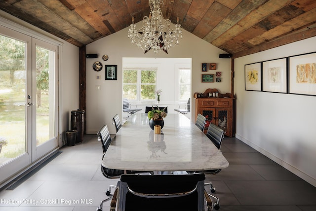 46 Pompeys Cave Rd, High Falls, NY 12440 - dining space with a chandelier, healthy amount of natural light, vaulted ceiling, and wood ceiling