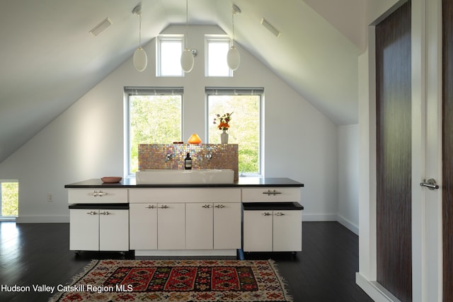 46 Pompeys Cave Rd, High Falls, NY 12440 - kitchen featuring a sink, lofted ceiling, dark wood-style floors, dark countertops, and white cabinetry