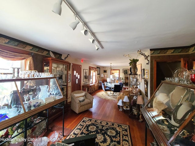 living area with track lighting, a notable chandelier, and wood finished floors