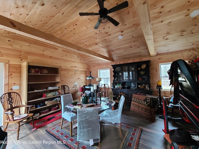 home office featuring vaulted ceiling with beams, wood walls, a ceiling fan, and wood ceiling