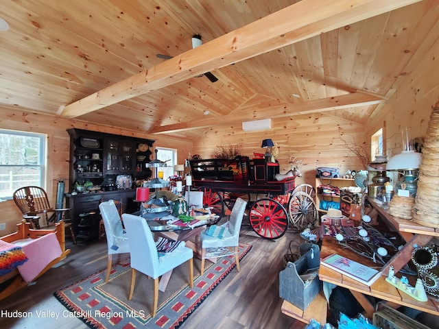 interior space with vaulted ceiling with beams, wood finished floors, and wooden ceiling