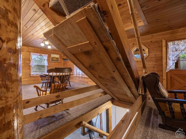 142 Pangman Rd, Gilboa, NY 12076 - additional living space with wooden ceiling, wood walls, and carpet