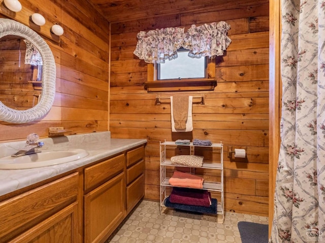142 Pangman Rd, Gilboa, NY 12076 - bathroom with wood walls, vanity, and a shower with curtain