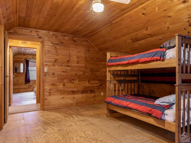 142 Pangman Rd, Gilboa, NY 12076 - bedroom featuring lofted ceiling, wooden walls, and wood ceiling