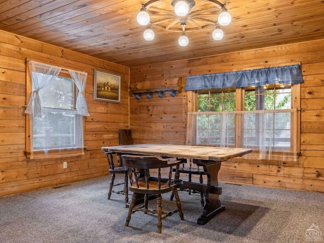 142 Pangman Rd, Gilboa, NY 12076 - carpeted dining room with wooden ceiling and wood walls