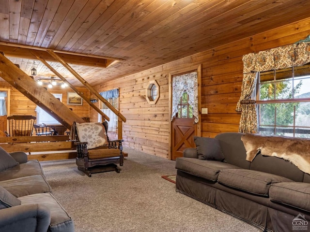 142 Pangman Rd, Gilboa, NY 12076 - living area with wooden walls, carpet flooring, and wood ceiling
