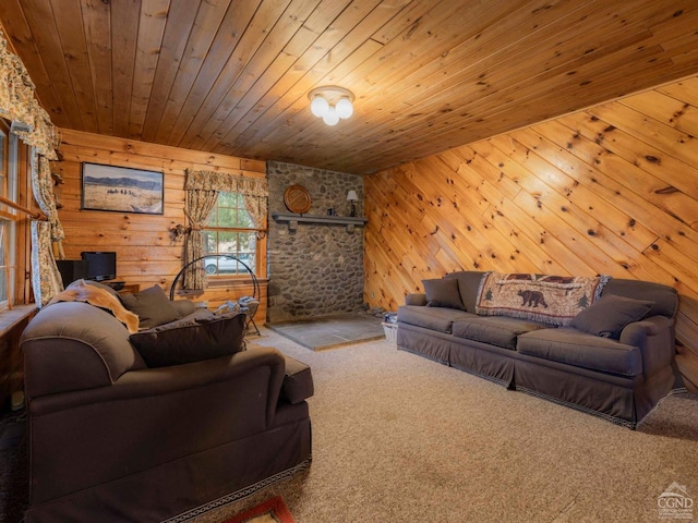 142 Pangman Rd, Gilboa, NY 12076 - living room with wood walls, wood ceiling, and carpet