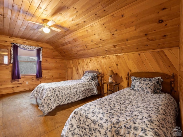 142 Pangman Rd, Gilboa, NY 12076 - bedroom with wooden ceiling, wooden walls, lofted ceiling, wood finished floors, and ceiling fan