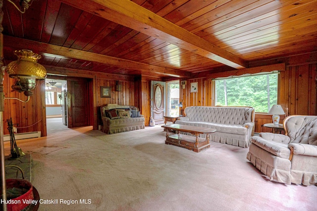 623 Rte 9j, Stuyvesant, NY 12173 - living area with baseboard heating, a wooden ceiling with exposed beams, wood walls, and carpet floors