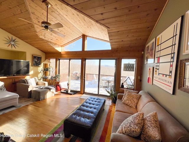 living room featuring hardwood / wood-style flooring, high vaulted ceiling, ceiling fan, and wood ceiling