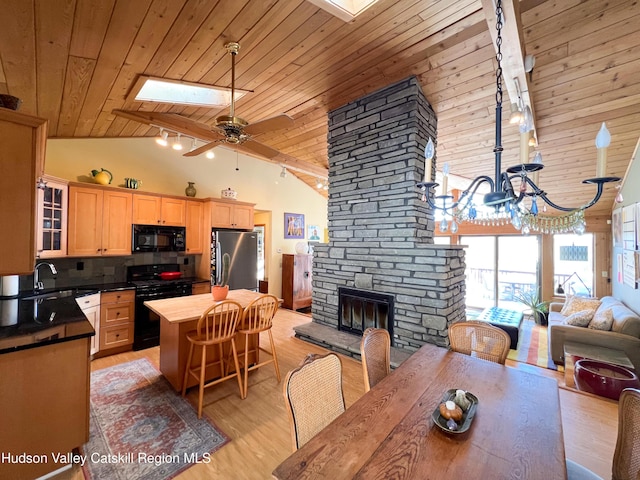 dining space with high vaulted ceiling, a skylight, ceiling fan, light hardwood / wood-style floors, and wood ceiling