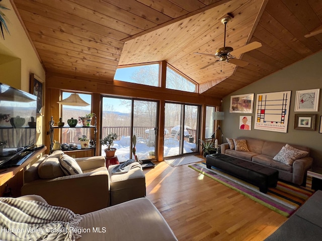 living room featuring lofted ceiling, light hardwood / wood-style flooring, ceiling fan, and wooden ceiling