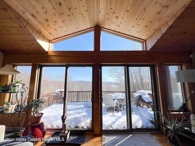 interior space with wooden ceiling, vaulted ceiling, and hardwood / wood-style flooring